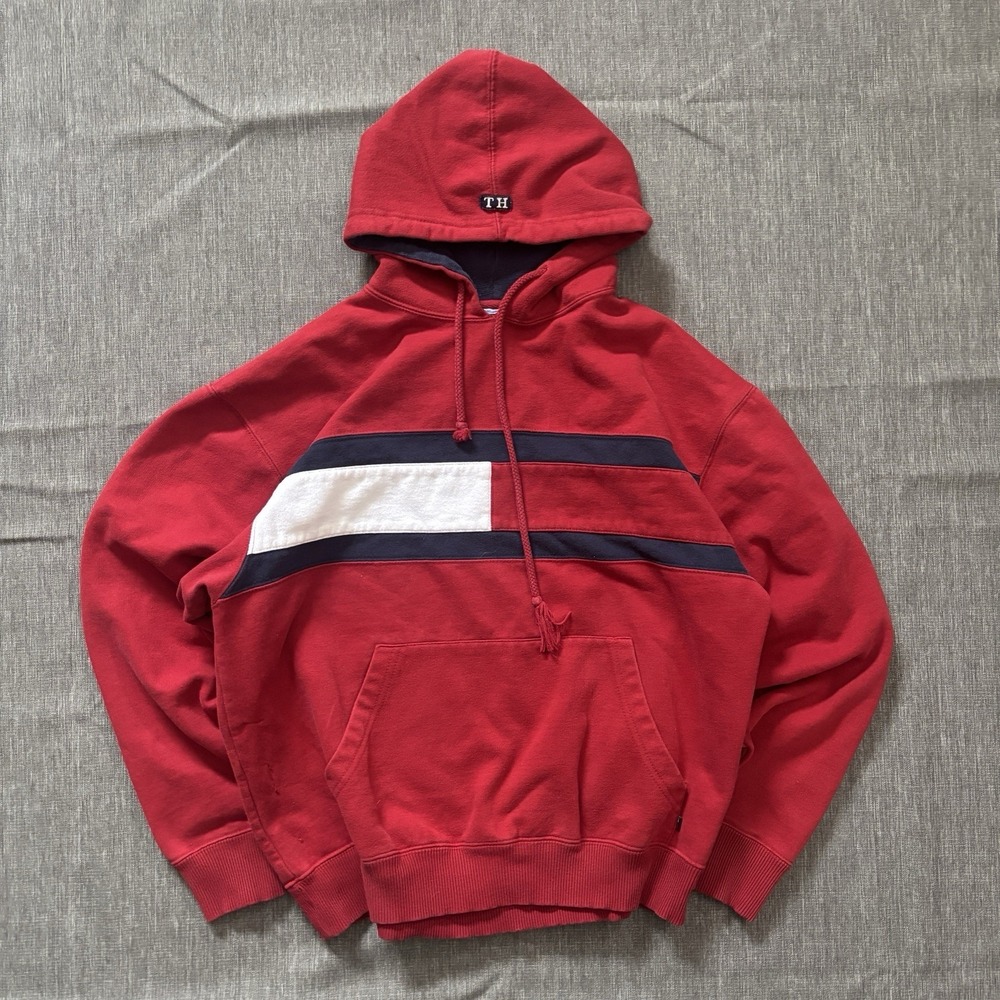 Red Tommy Hilfiger hoodie with white and navy accents hoodie - S